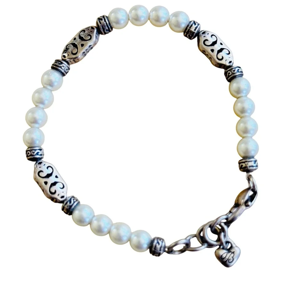 Brighton Vintage Scroll Freshwater Pearl Bracelet Silver Plated Beaded‎ 7